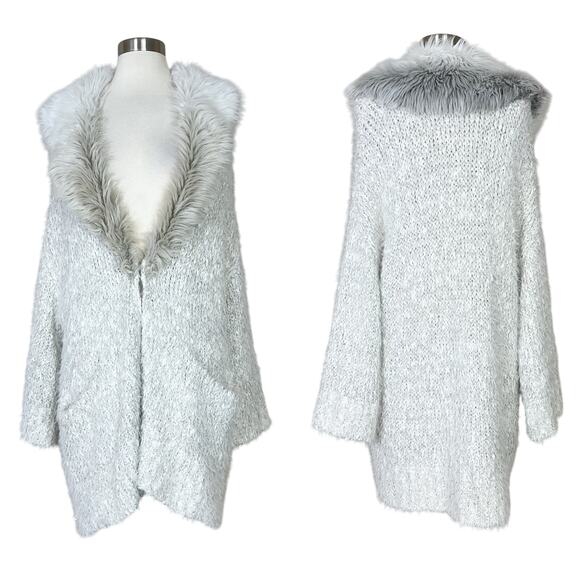 Anthropologie | Sleeping on Snow Faux Fur Oversized White Grey Metallic Cardigan - Picture 1 of 13